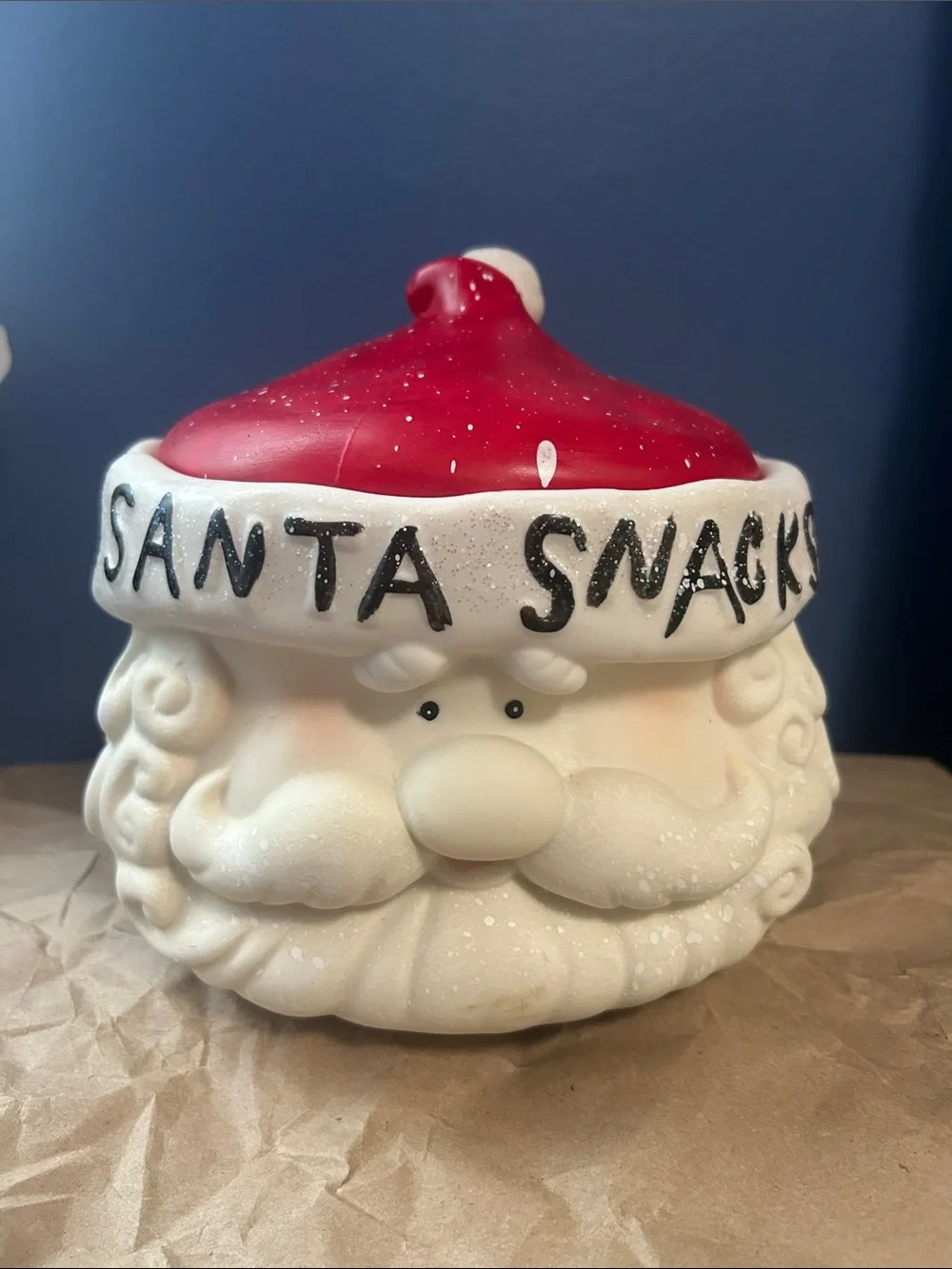 Santa Snacks Christmas Ceramic Cookie Jar with Lid Red and White sparkles.